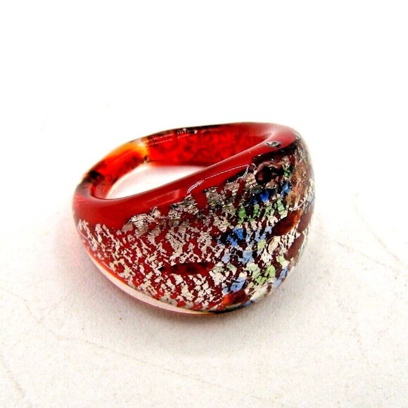 Pier One Blown Glass Cosmic Ring Domed Red Blue Gold Chromatic Lampwork Size 7 - Picture 1 of 11